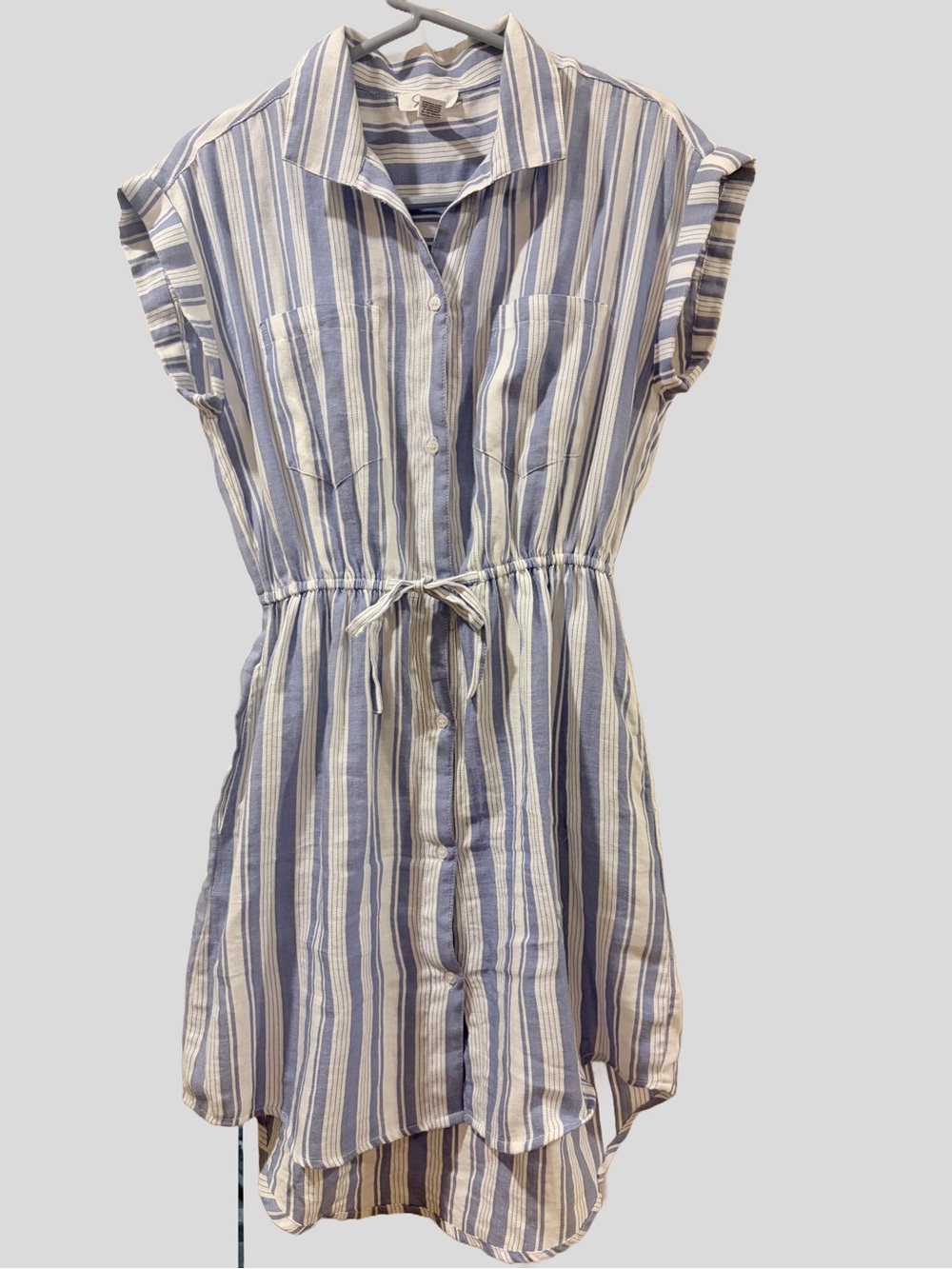 Cotton— Blue and White Striped Drawstring Shirt Dress